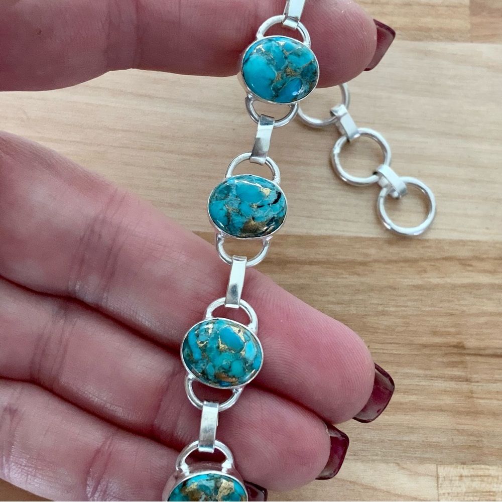 Copper Turquoise Solid 925 Sterling Silver Bracelet - Picture 2 of 4